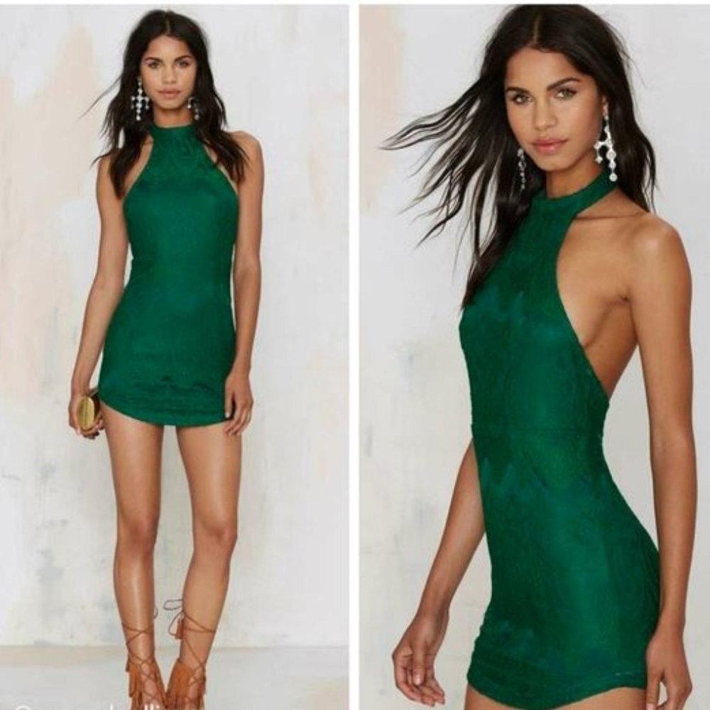 LoveCat turtle neck allover lace short dress mini open back in green size medium